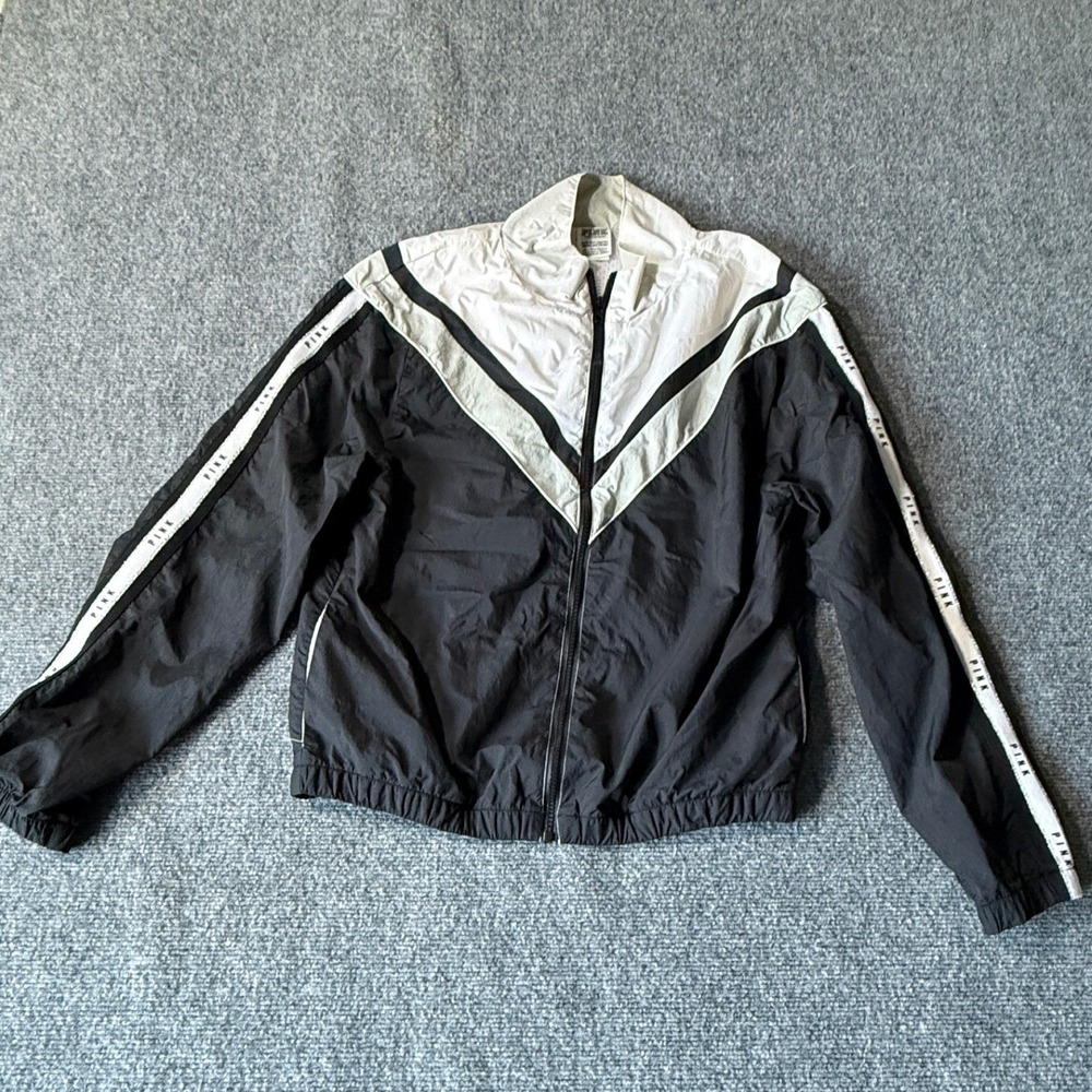 Victoria's Secret PINK Windbreaker Jacket Black White Logo Full Zip Womens XS/S